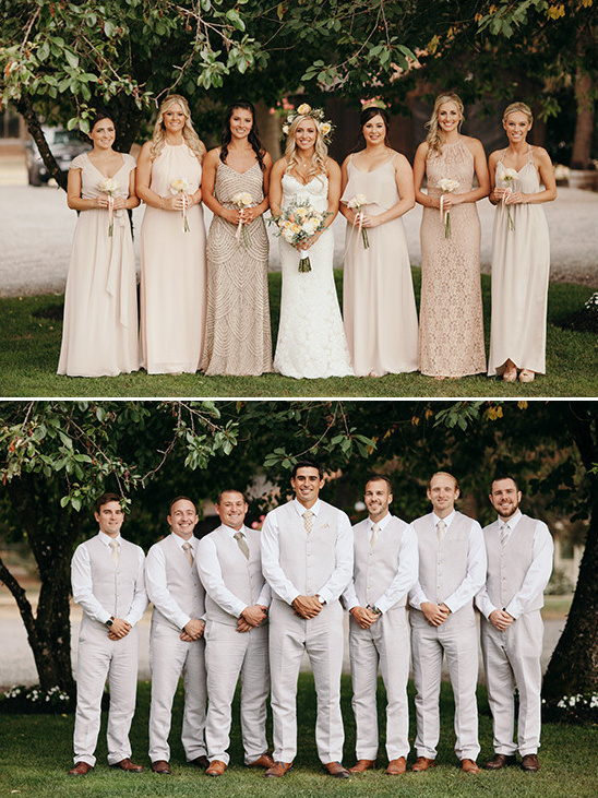 Bride with bridesmaids and groomsmen at outdoor wedding