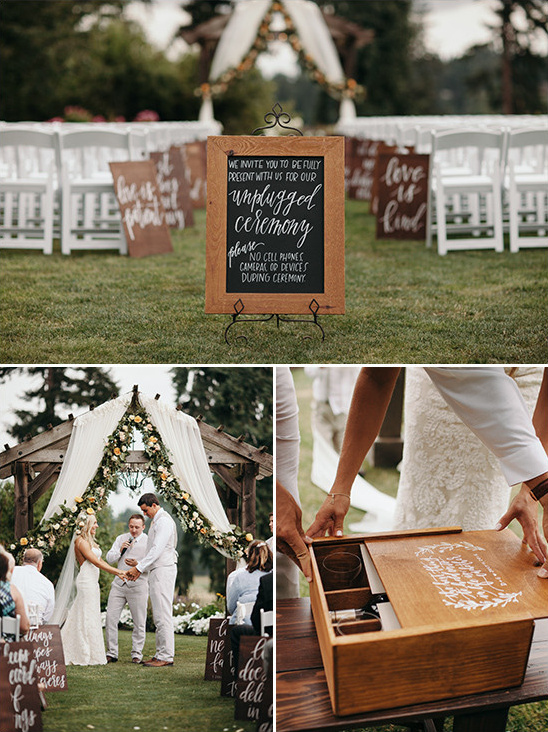 Unplugged wedding ceremony with sign and device box