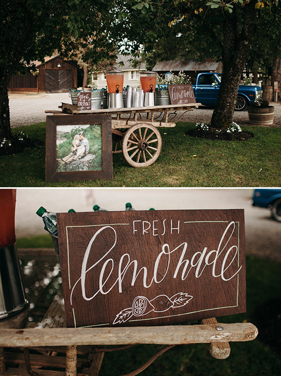Rustic lemonade stand with fresh beverage sign decor