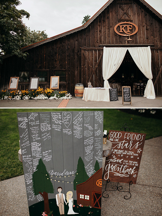 Rustic barn wedding venue with guestbook signs