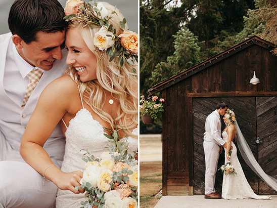 Happy bride and groom on their wedding day with floral crown