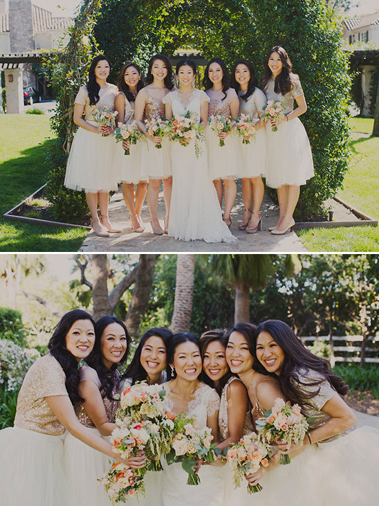 white and gold sequin bridesmaids @weddingchicks