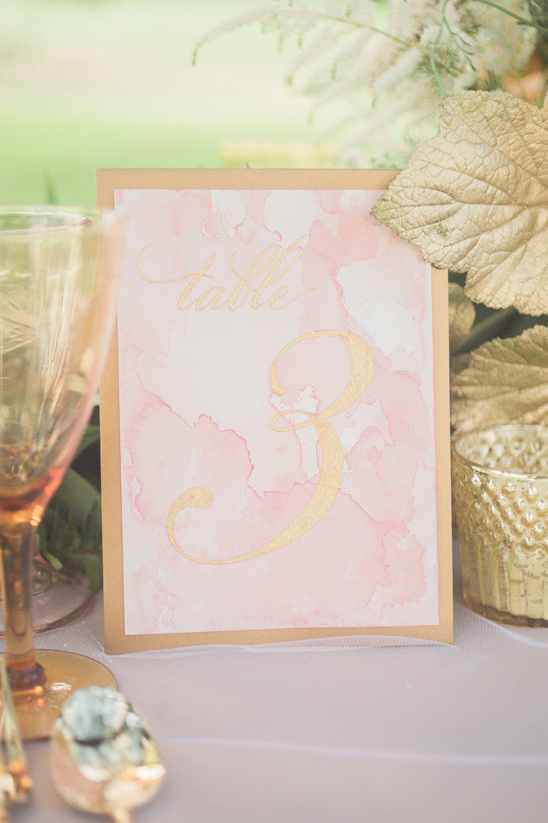 gold and pink watercolor table number @weddingchicks