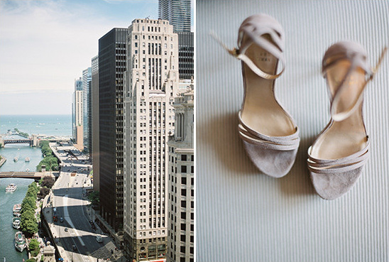 Chicago city skyline view with elegant beige heels