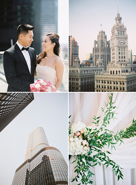 Chicago wedding collage with couple flowers and buildings