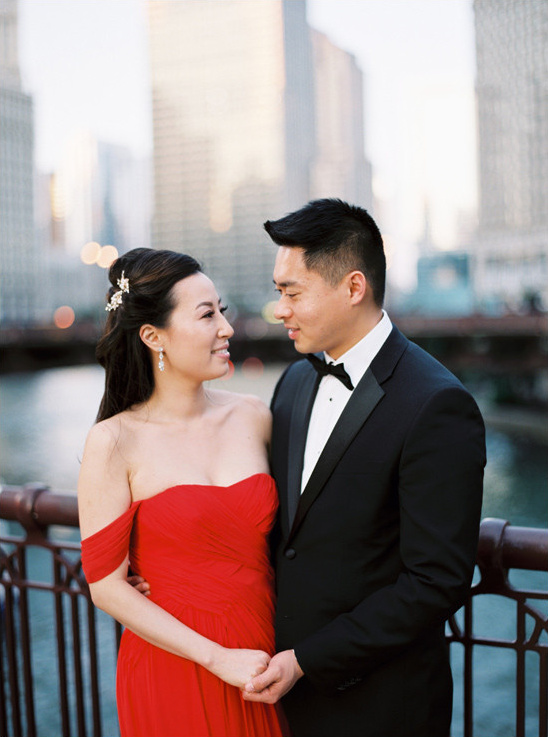Elegant couple in Chicago gazing at each other lovingly