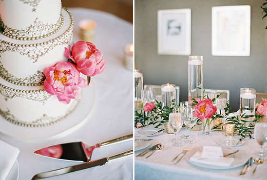 Wedding cake and table centerpiece with pink peonies