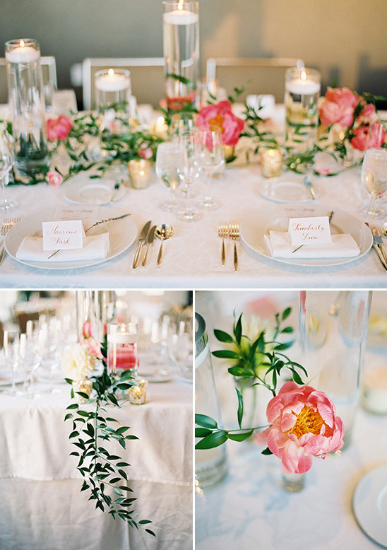 Elegant wedding table setting with peonies and candles