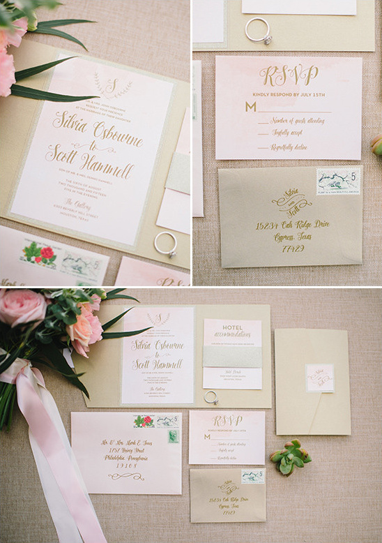 Elegant wedding invitation suite with gold calligraphy detail