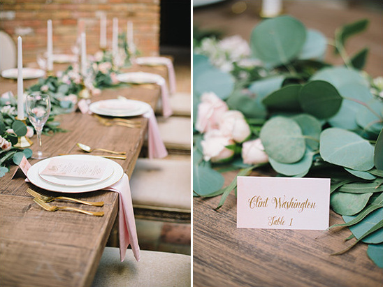 Elegant wedding table setting with roses and greenery