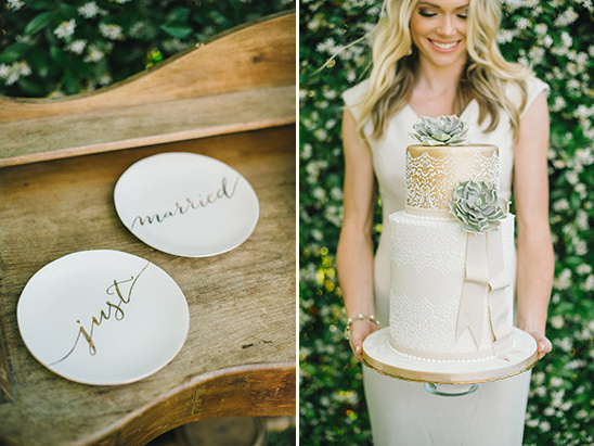 Rustic wedding cake and plates with just married text