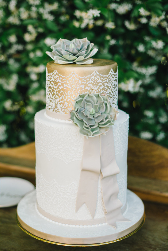 Elegant two tier wedding cake with lace and succulent decor