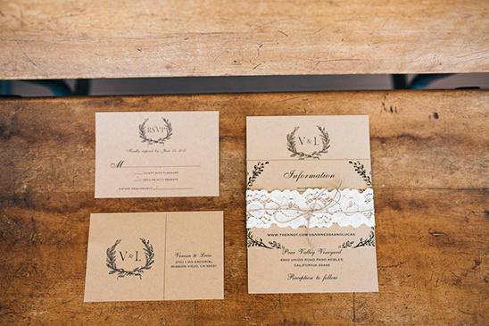 Elegant rustic wedding invitation suite with lace detail