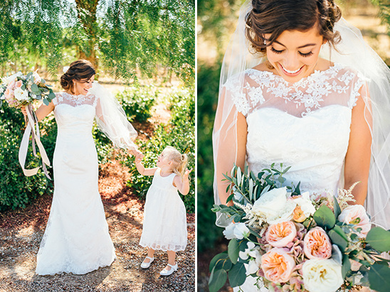 Bride with flower girl at outdoor wedding ceremony