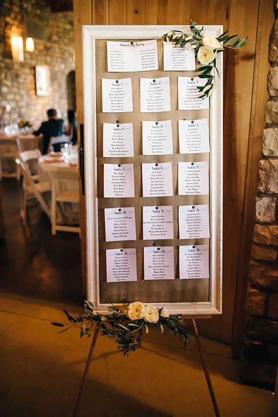Rustic wedding seating chart with burlap and floral decor