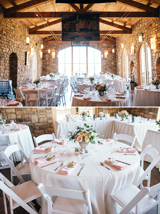 Elegant wedding reception setup with stone walls