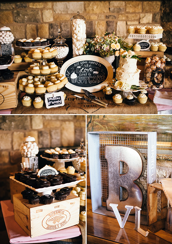 Wedding dessert table with cupcakes and decorations