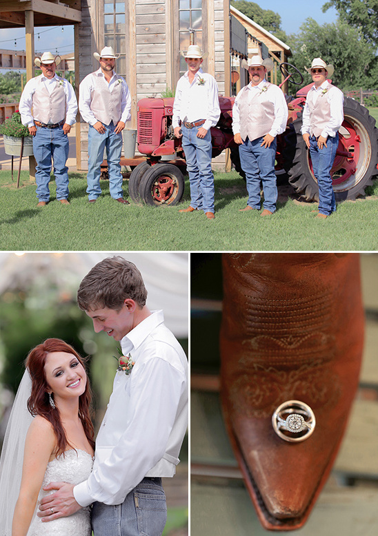 Rustic wedding party in cowboy attire with bride and ring