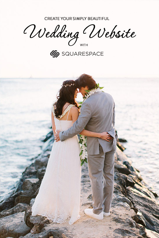 Bride and groom on beach with wedding website text