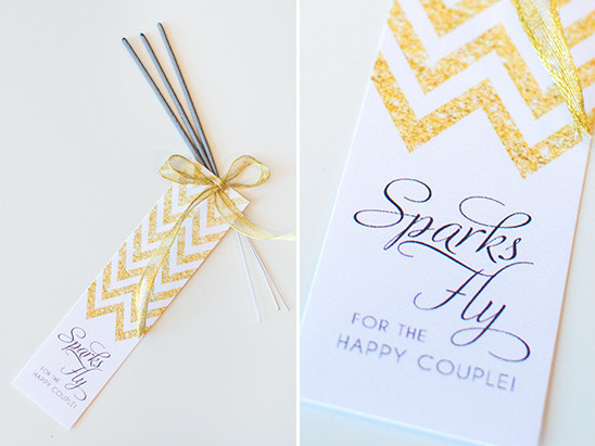 Wedding sparkler favors with gold chevron tags and ribbon