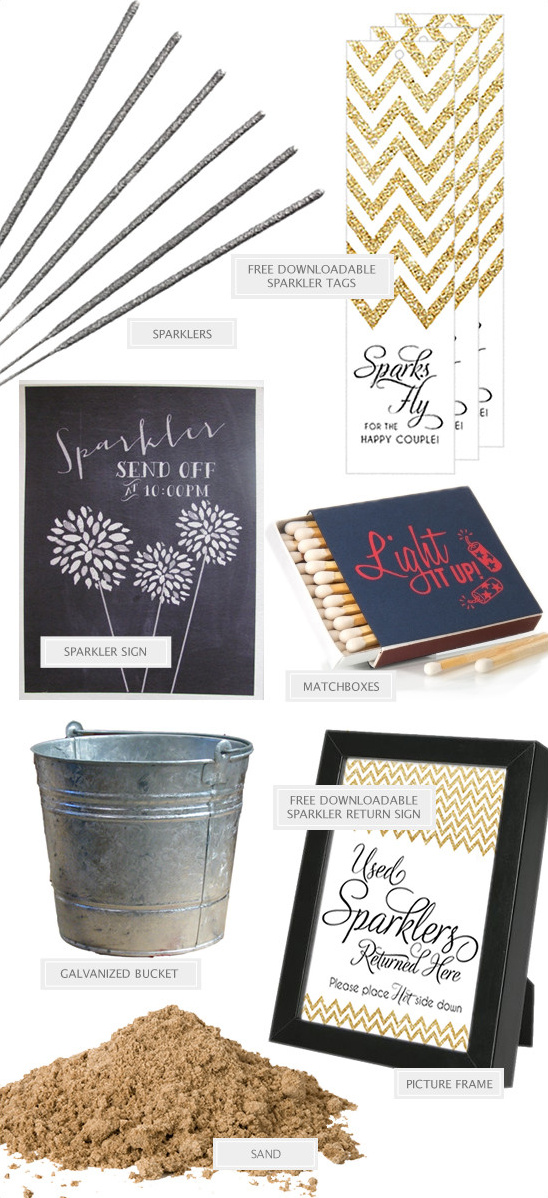 Wedding sparkler sendoff display with bucket and signage