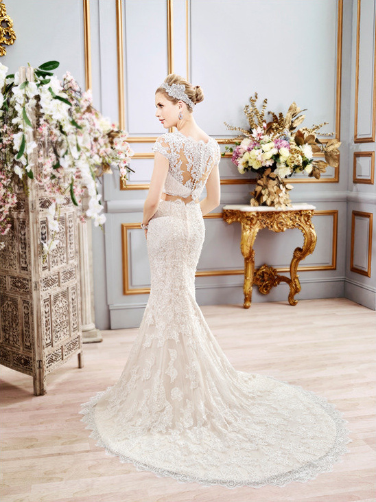 Lace fishtail wedding dress with open back design