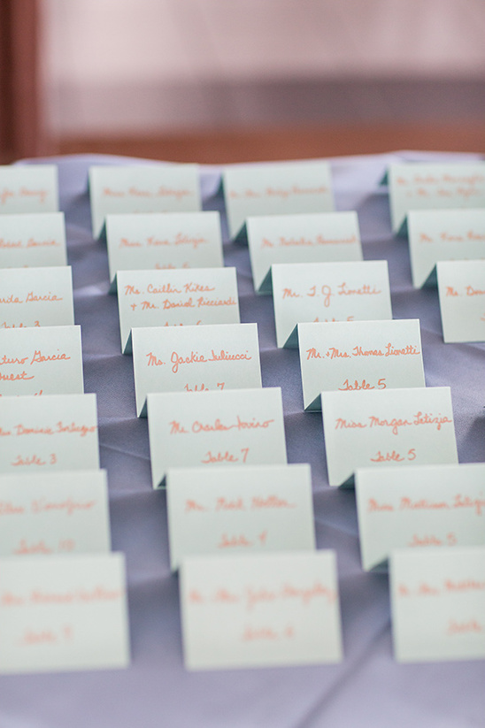 Wedding guest seating cards with names and table numbers
