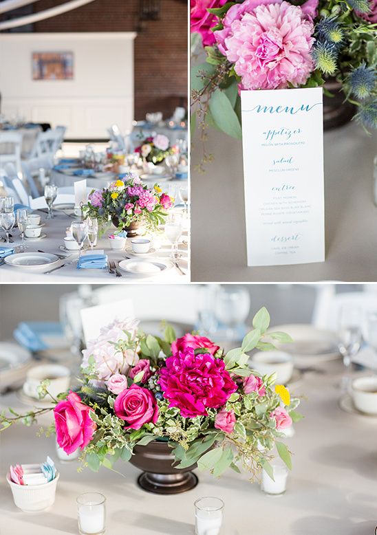 Wedding table setting with floral centerpiece and menu
