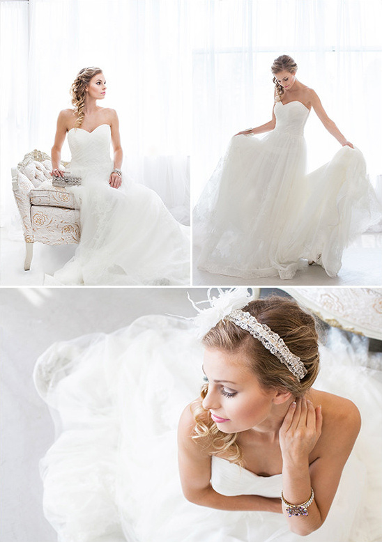 Elegant bride in a strapless white wedding dress poses