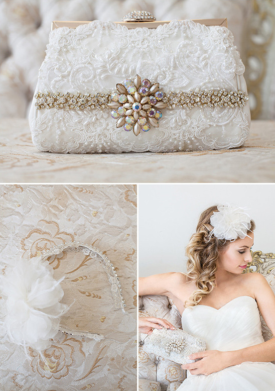 Elegant bridal accessories white lace clutch headband