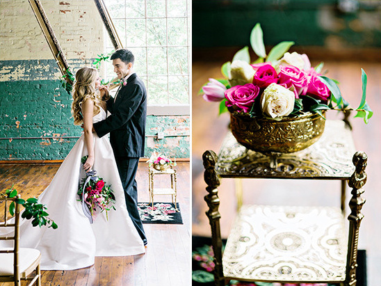 Bride and groom embrace at elegant indoor wedding venue