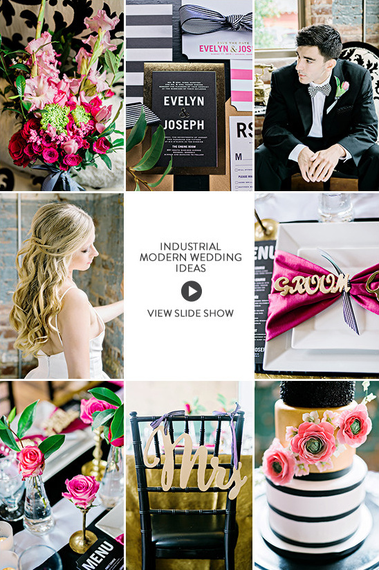 Modern industrial wedding ideas collage with groom cake decor