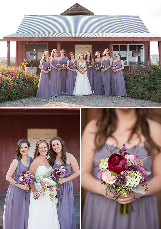 Bride and bridesmaids in lavender gowns with bouquets