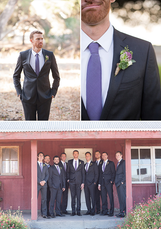 Groom and groomsmen in purple ties at rustic wedding