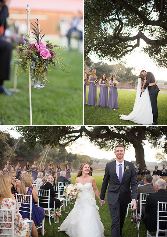 Purple wedding ceremony aisle decor with mason jars
