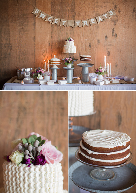 Wedding cake dessert table with Sweet Treats banner