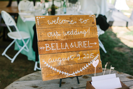 Bella and Uriel wedding welcome sign rustic wood August 2015