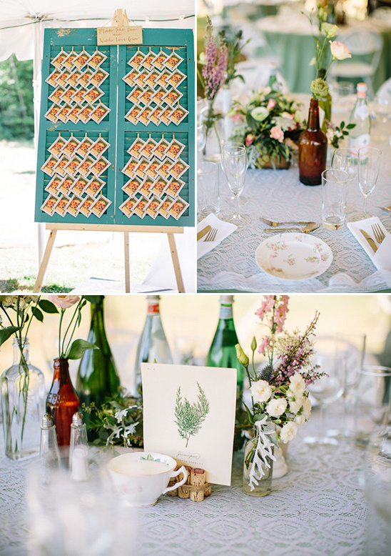 Wedding seating chart and floral table decorations