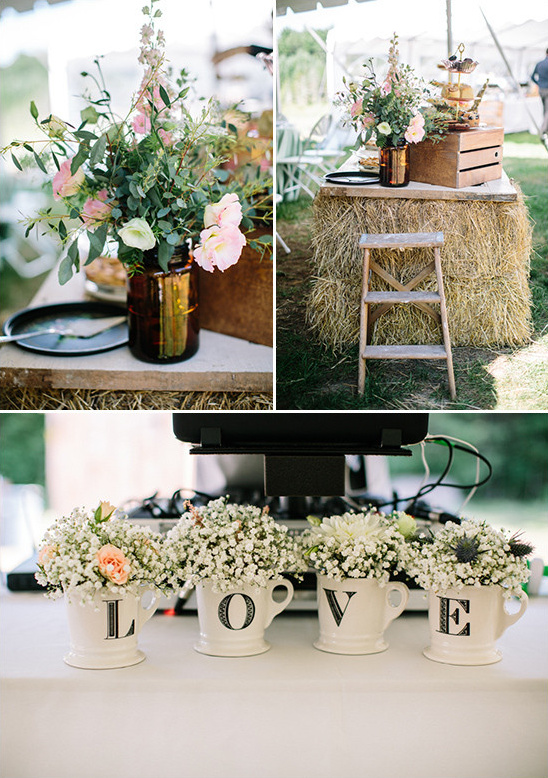 Rustic wedding decorations with flowers and hay bales