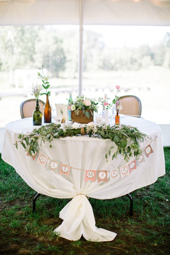 Decorated sweetheart table with Just Married banner
