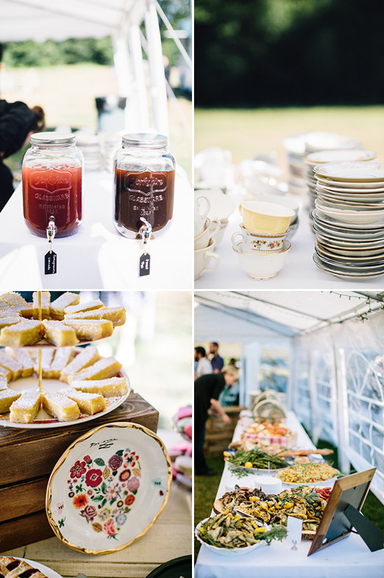Outdoor wedding reception food drink and dessert table