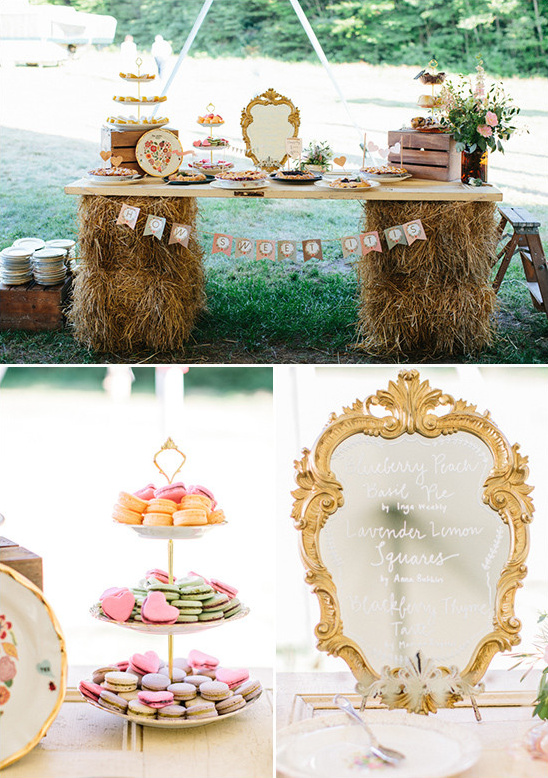 Rustic wedding dessert table with hay bales sweets
