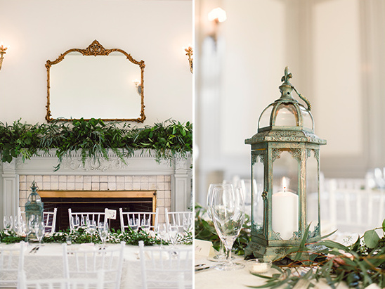 Elegant wedding reception decor with lantern and mirror
