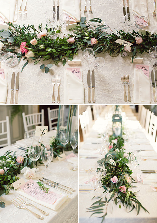 Elegant wedding table setting with floral garland