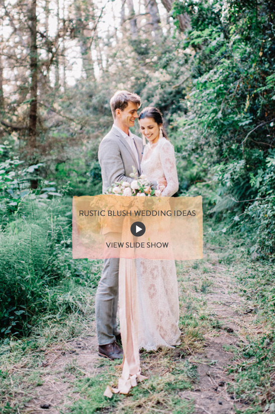 Rustic wedding couple embrace in forest setting