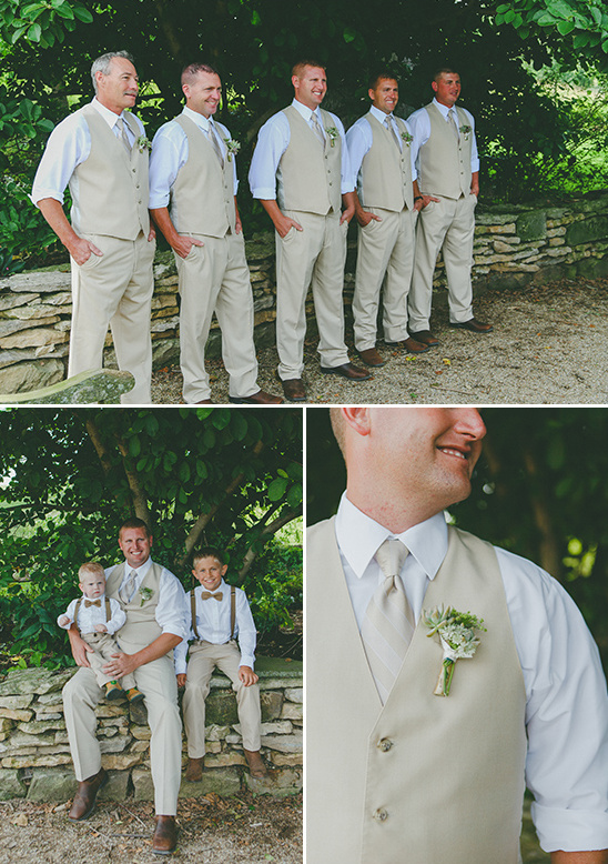 Groomsmen in tan vests at a rustic outdoor wedding