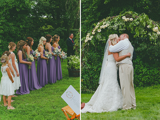 Wedding ceremony with bride bridesmaids and a kiss