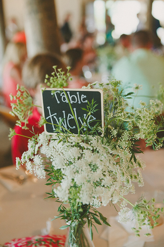 Wedding table twelve with floral centerpiece and chalkboard