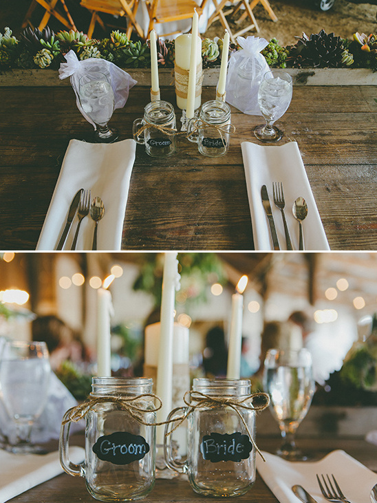 Rustic wedding place setting with Bride and Groom jars