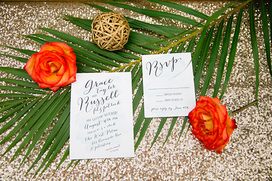 Roses palm leaf wedding invitation card Grace Russell